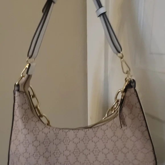 Nanette Lepore Monogram Shoulder Bag – Tan/Beige with Gold Chain Detail - Picture 13 of 16